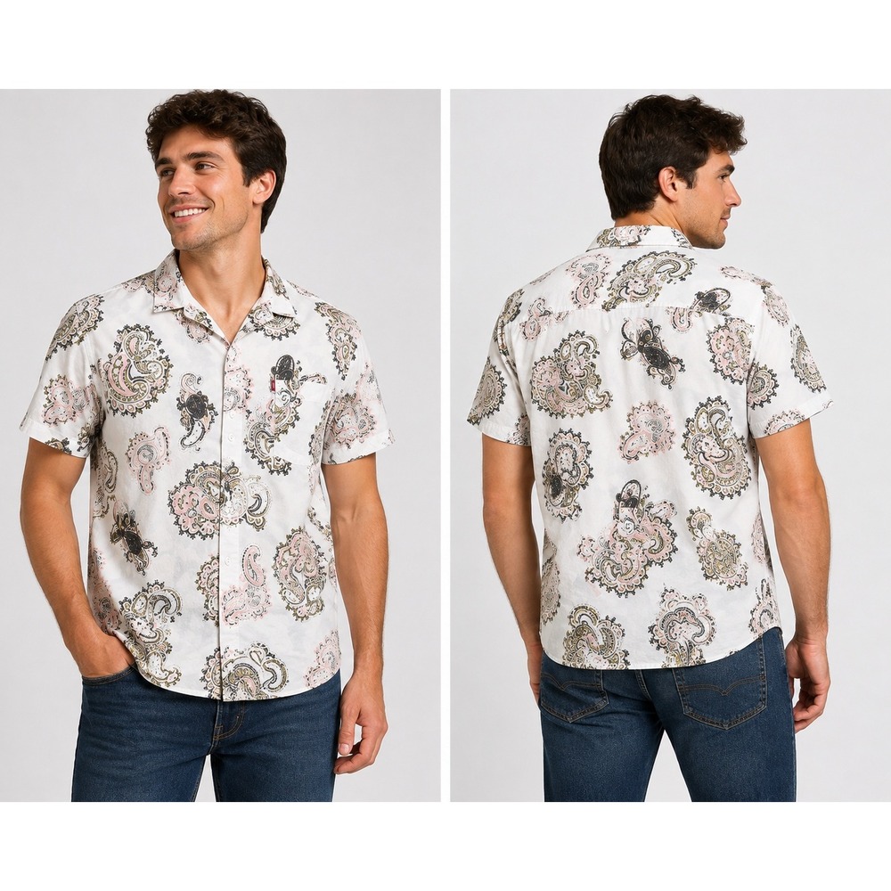 Levis Mens Paisley Short Sleeve Button Down Shirt White Pink Olive Cotton 3038